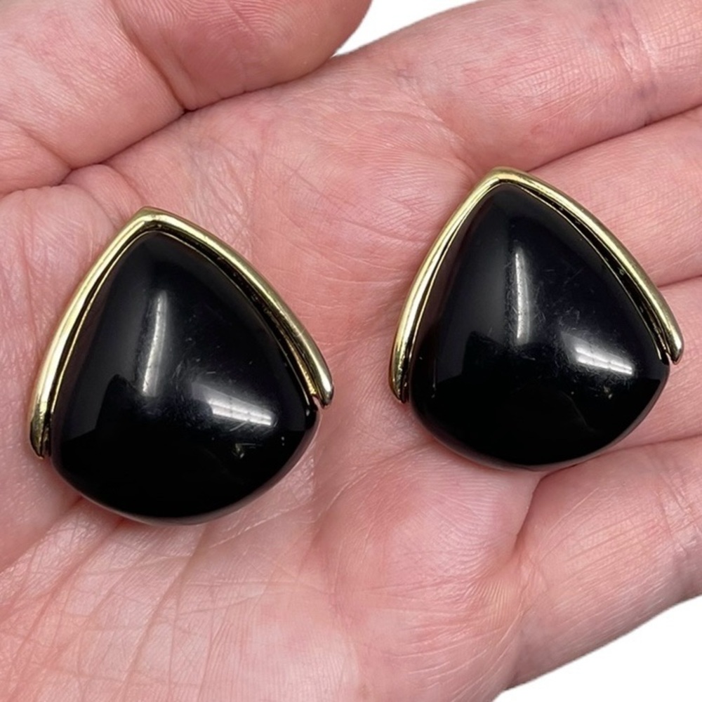 Vintage Signed Monet Gold Tone Black Acrylic Clip On Earrings Statement Classic
